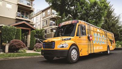 President Biden's plan calls for increases in electric powered school buses such as the pictured Thomas Built Buses Saf-T Liner 'Jouley.'