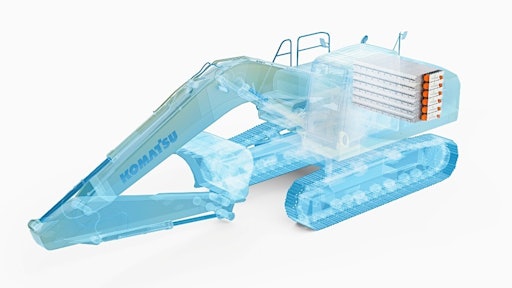 A concept image of a Komatsu electric excavator that will be powered by Proterra batteries.