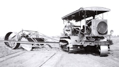 R. G. LeTourneau operates his Holt 75 crawler tractor and his Full-Drag scraper, the first scraper designed to be operated from a tractor.