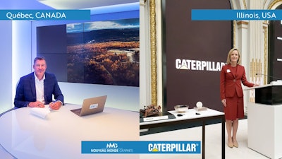 Eric Desaulniers, Nouveau Monde CEO, and Denise Johnson, Caterpillar Group President, signed a collaboration agreement for the development of a zero-emission fleet for the Matawinie Mine.