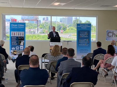 Tucker Perkins, President and CEO of PERC, addresses the crowd during a grand opening ceremony for the Pride Travel Center.