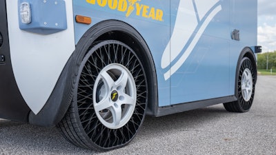 Goodyear and Local Motors are testing the airless tire in the field on an autonomous shuttle vehicle.