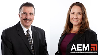 Dennis J. Slater (left) will retire as AEM President, and be succeeded by Megan Tanel, AEM’s Senior Vice President, Construction & Utility Sector.