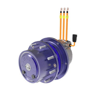 A hub drive offering 7 KNm output combined with a smaller version of the company's M15 motor which is air-cooled. Common applications for this size would include aerial work platforms, compact track loaders, mini-excavators, etc.