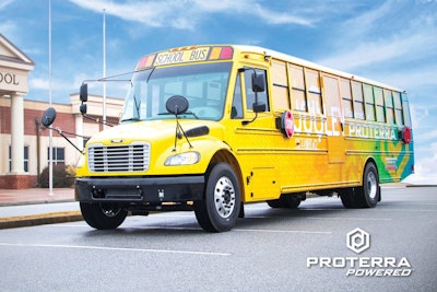 The Proterra powered Saf-T-Liner C2 Jouley electric school bus is capable of delivery electricity back to the grid to help reduce costs and emissions.