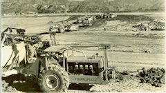 The first scraper to be equipped with pneumatic tires is pulled by an Allis-Chalmers crawler tractor in California’s Imperial Valley in August 1932.