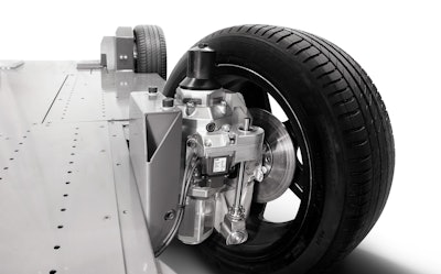 The REEcorner includes all critical vehicle components in a single compact module positioned between the chassis and the wheel.