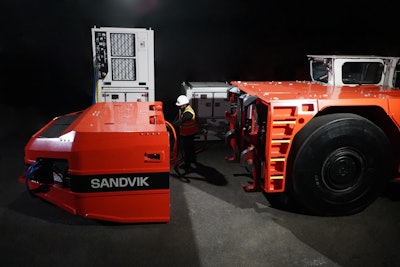 Sandvik’s patented self-swapping battery system allows safe, quick swapping of batteries to minimize downtime in mines.