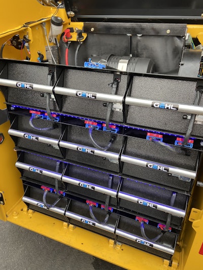 Gehl's concept 165E electric compact skid loader, featured at CONEXPO-CON/AGG 2020, incorporates 12 removable battery packs, weighing 48 lbs. each, which can be easily removed, replaced and recharged as needed.
