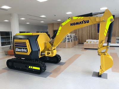 The starting point for most OEMs has been and will continue to be smaller compact machines, whose duty-cycle requirements are relatively light. Shown is a Komatsu electric prototype.