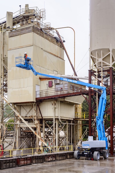 An articulated boom lift, which is available in fully electric and hybrid configurations