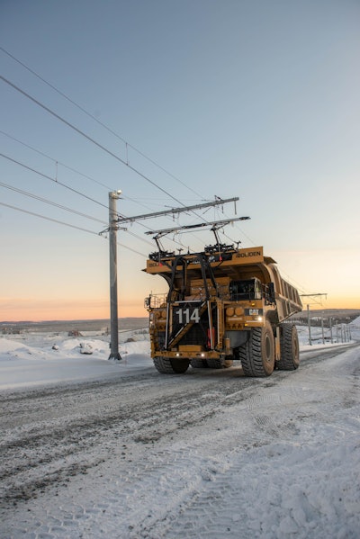 Boliden AB joined forces with an OEM to design and install a 700-meter-long catenary line to power several mining trucks at its Aitik mine.