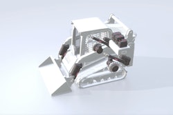 An all-electric compact digger showing the positions of the all-electric actuators, traction motors, computer processing gear
