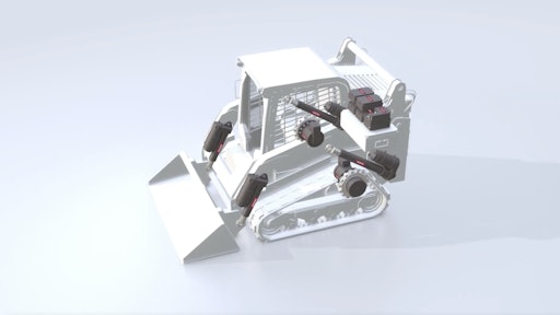 An all-electric compact digger showing the positions of the all-electric actuators, traction motors, computer processing gear
