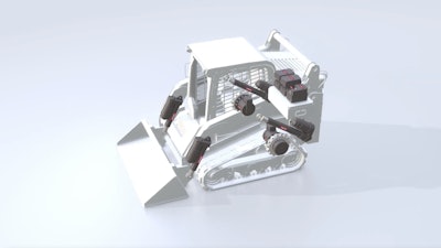 An all-electric compact digger showing the positions of the all-electric actuators, traction motors, computer processing gear