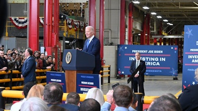 President Biden speaks at the Cummins facility in Fridley, Minnesota.