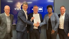 From left, Bruno Blin, President Renault Trucks, Melker Jernberg, President Volvo CE, Carl Slotte, Head of Region Europe Volvo CE, Eunice Heath, CRH Senior Vice President Chief Sustainability Officer and Martin Riley, CRH Senior Vice President Climate Performance.