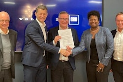 From left, Bruno Blin, President Renault Trucks, Melker Jernberg, President Volvo CE, Carl Slotte, Head of Region Europe Volvo CE, Eunice Heath, CRH Senior Vice President Chief Sustainability Officer and Martin Riley, CRH Senior Vice President Climate Performance.