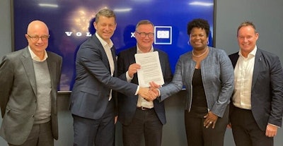 From left, Bruno Blin, President Renault Trucks, Melker Jernberg, President Volvo CE, Carl Slotte, Head of Region Europe Volvo CE, Eunice Heath, CRH Senior Vice President Chief Sustainability Officer and Martin Riley, CRH Senior Vice President Climate Performance.