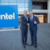 Cedrik Neike, CEO of Digital Industries and board member for Siemens AG and Keyvan Esfarjani, chief global operations officer for Intel Corp. pose for a photo to mark the signing of a memorandum of understanding by the companies to advance global manufacturing efforts. The deal was signed in Santa Clara, California, in December 2023.
