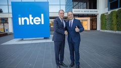 Cedrik Neike, CEO of Digital Industries and board member for Siemens AG and Keyvan Esfarjani, chief global operations officer for Intel Corp. pose for a photo to mark the signing of a memorandum of understanding by the companies to advance global manufacturing efforts. The deal was signed in Santa Clara, California, in December 2023.