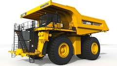 A front 3/4 view of a virtual rendering of Komatsu’s 930E mining truck that will be powered by HYDROTEC fuel cells.