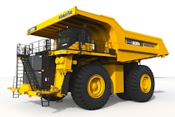 A front 3/4 view of a virtual rendering of Komatsu’s 930E mining truck that will be powered by HYDROTEC fuel cells.