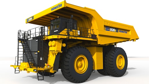 A front 3/4 view of a virtual rendering of Komatsu’s 930E mining truck that will be powered by HYDROTEC fuel cells.