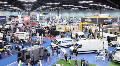 Vocational trucks on display at Work Truck Show 2024, highlighting commercial trucks and equipment from Classes 1–8, including chassis, bodies, components and accessories.