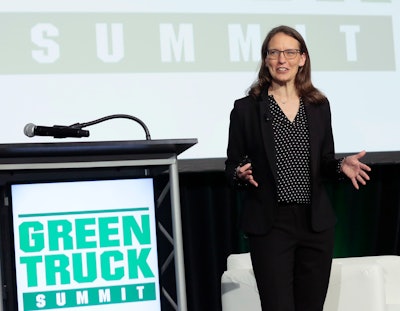 Mary Aufdemberg, general manager, product strategy and market development, Daimler Trucks North America, delivers the keynote address at the 2024 Green Truck Summit.
