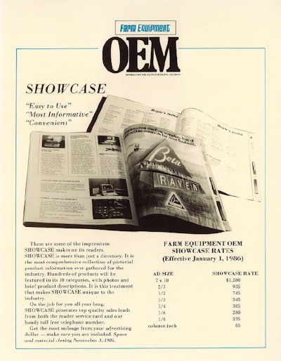 This 1986 rate card details the advertising opportunities to participate in the brand’s showcase issue, a special issue of OEM Off-Highway’s print magazine that is still in production in today.