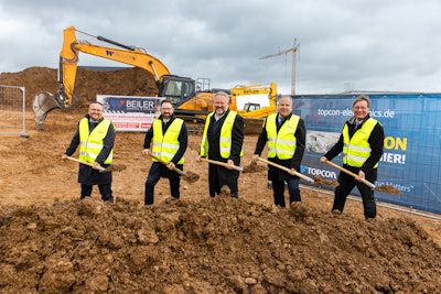 A groundbreaking ceremony for the new Geisenheim manufacturing facility was held April 16, 2024. From left: Volkan Cakmak, Director of Finance/Controlling Topcon Electronics (TELE); Christian Aßmann, Mayor of Hochschulstadt Geisenheim; Thilo Nagel, General Manager TELE/Senior Director, OEM Sales; Mathias Kühn, Senior Vice President of Global Operations, Topcon Positioning Systems; Ewout Korpershoek, Executive Vice President, Topcon Positioning Systems.