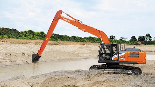 The ZX210LC-7H Super Long Front (SLF) excavator provides 50 ft., 4 in. (15.35 m) of reach at ground level and a 39-ft., 2-in. (11.94-m) dig depth.