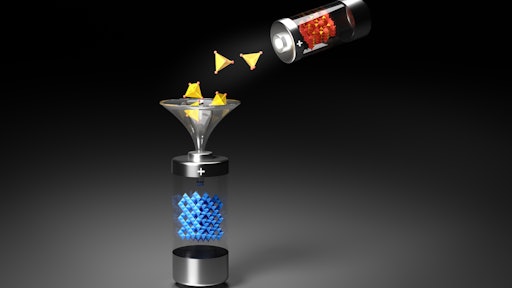 An artistic illustration of the integration between two distinct battery cathode structures, rock salt (blue polyhedra) and polyanion olivine (red/yellow polyhedra). A novel hybrid structure is obtained by integrating polyanions (yellow polyhedra) into a rock salt (blue polyhedra) structure. Courtesy: Yimeng Huang/Department of Nuclear Science and Engineering, Massachusetts Institute of Technology (MIT)