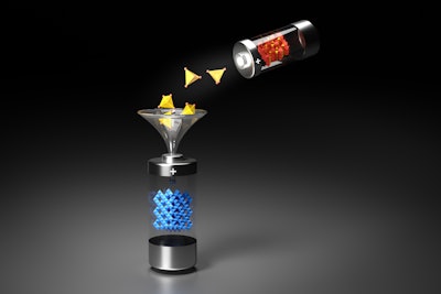 An artistic illustration of the integration between two distinct battery cathode structures, rock salt (blue polyhedra) and polyanion olivine (red/yellow polyhedra). A novel hybrid structure is obtained by integrating polyanions (yellow polyhedra) into a rock salt (blue polyhedra) structure. Courtesy: Yimeng Huang/Department of Nuclear Science and Engineering, Massachusetts Institute of Technology (MIT)