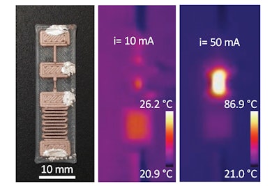 The devices are made from thin, 3D-printed traces of the copper-doped polymer. They contain intersecting conductive regions that enable the researchers to regulate the resistance by controlling the voltage fed into the switch.