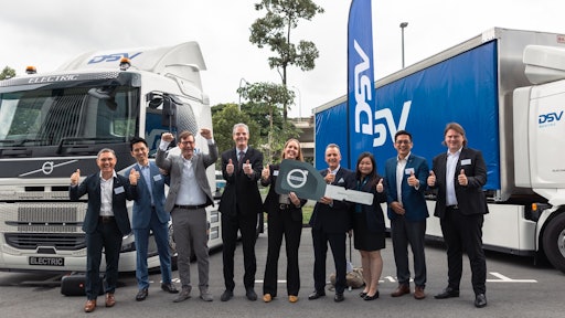 Handover ceremony of Volvo’s Electric Prime Mover and the FL Electric Truck with the Ambassador of Denmark to Singapore and representatives of Volvo Trucks, DSV, and UD Trucks Singapore.