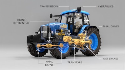 Figure 2: Fluids and lubricants affect many different aspects of an industrial tractor ranging from hydraulics to the brakes to the transmission. Courtesy: The Lubrizol Corporation