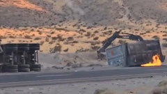 Figure 1: Truck transporting end-of-life li-ion batteries overturned, container catching fire on I-15 in Sep 2024. Following this incident, U.S. Rep. Dina Titus is advocating for stricter regulations on the transportation of lithium-ion batteries: maximum charge of 30% and testing for impact power comparable to traffic incidents.