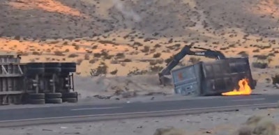Figure 1: Truck transporting end-of-life li-ion batteries overturned, container catching fire on I-15 in Sep 2024. Following this incident, U.S. Rep. Dina Titus is advocating for stricter regulations on the transportation of lithium-ion batteries: maximum charge of 30% and testing for impact power comparable to traffic incidents.