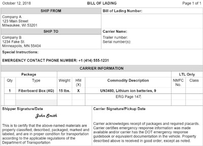 Figure 3: Example of Bill of Lading for a battery shipment.