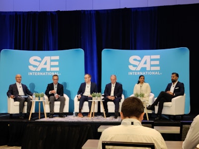 From left to right: Mehdi Ahmadian, J. Bernard Jones Chair and Director, Virginia Tech, and moderator of the session; ; Thomas Tasky, Vice President of FEV.io; Zach Slaton, Assistant Chief Engineer – Electronics at PACCAR; Harry Husted, Chief Technology Officer at BorgWarner; Vardini Akkipeddi, Staff Electro-Mechanical Project Engineer at Allison Transmission; and Moiz Khan, Head of Engineering and AI Market Development at Mathworks at SAE Internationals' COMVEC 2025.