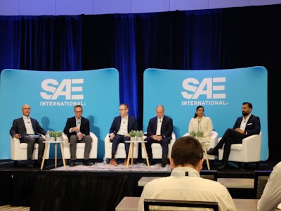 From left to right: Mehdi Ahmadian, J. Bernard Jones Chair and Director, Virginia Tech, and moderator of the session; ; Thomas Tasky, Vice President of FEV.io; Zach Slaton, Assistant Chief Engineer – Electronics at PACCAR; Harry Husted, Chief Technology Officer at BorgWarner; Vardini Akkipeddi, Staff Electro-Mechanical Project Engineer at Allison Transmission; and Moiz Khan, Head of Engineering and AI Market Development at Mathworks at SAE Internationals' COMVEC 2025.