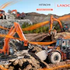 Hitachi construction equipment working in rocky quarry landscape