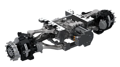The T-9000e axle includes an integrated Power Take-Off (PTO) that can be configured for accessories such as driveline parking brakes, emergency steering pumps and exported power. With this patented feature, any or all axles can be fitted with a parking brake, providing superior parking brake performance.