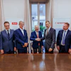 From left to right: Domenico Traverso, President, Fluid Conveyance Division, Danfoss Power Solutions; Professor Andrea Angelo Aurelio Amaduzzi, Board of Receivers; Professor Enrico Cotta Ramusino, Board of Receivers; Dr. Claudio Roberto Calabi, Board of Receivers; Kim Fausing, President and CEO, Danfoss Group; Daniel Winter, President, Danfoss Power Solutions; Jesper V. Christensen; Executive Vice President and CFO, Danfoss Group.