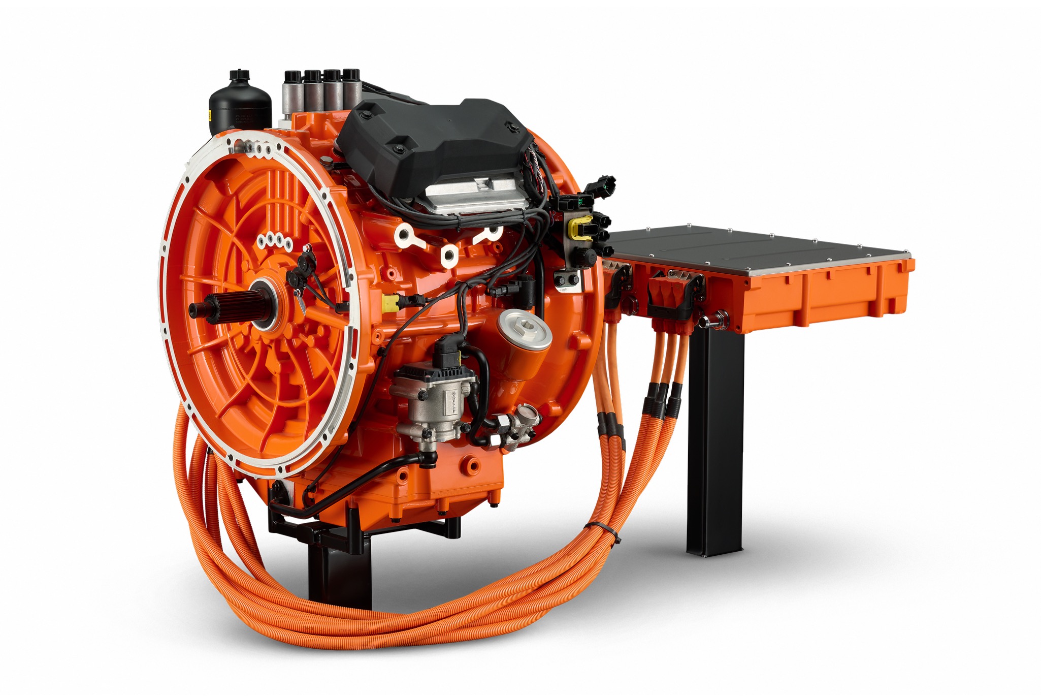 Orange and black portable fire pump engine with hose and mounting bracket assembly