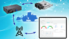 Connected vehicle telematics system diagram showing ECU module, sensors, wireless transmission tower, truck silhouette, and analytics dashboard with performance metrics.