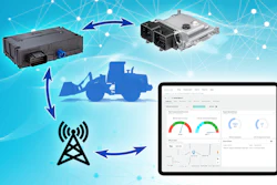 Connected vehicle telematics system diagram showing ECU module, sensors, wireless transmission tower, truck silhouette, and analytics dashboard with performance metrics.