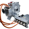 Electric motor and power control unit assembly with orange high-voltage cables and aluminum housing for electric vehicle propulsion system